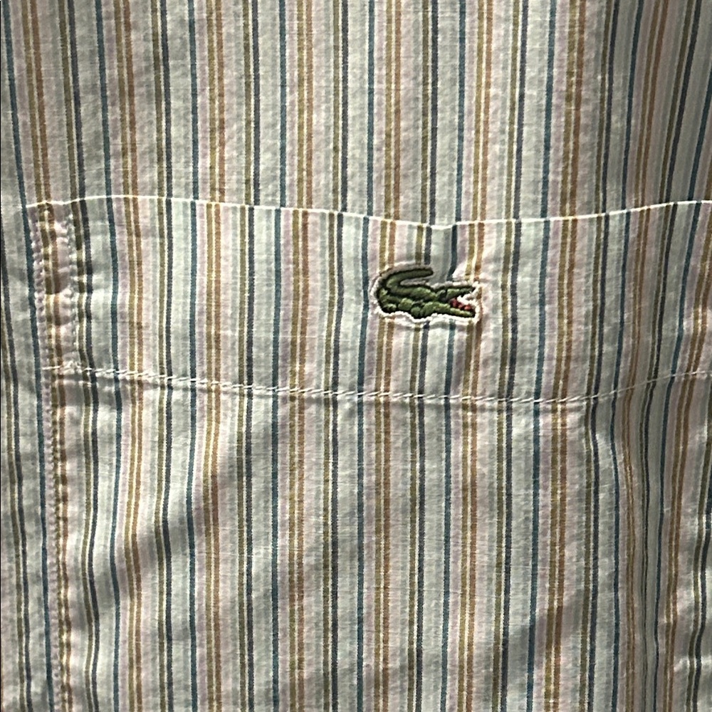 Lacoste Striped Button-Down Shirt in Blue, Tan & Cream with Green Crocodile